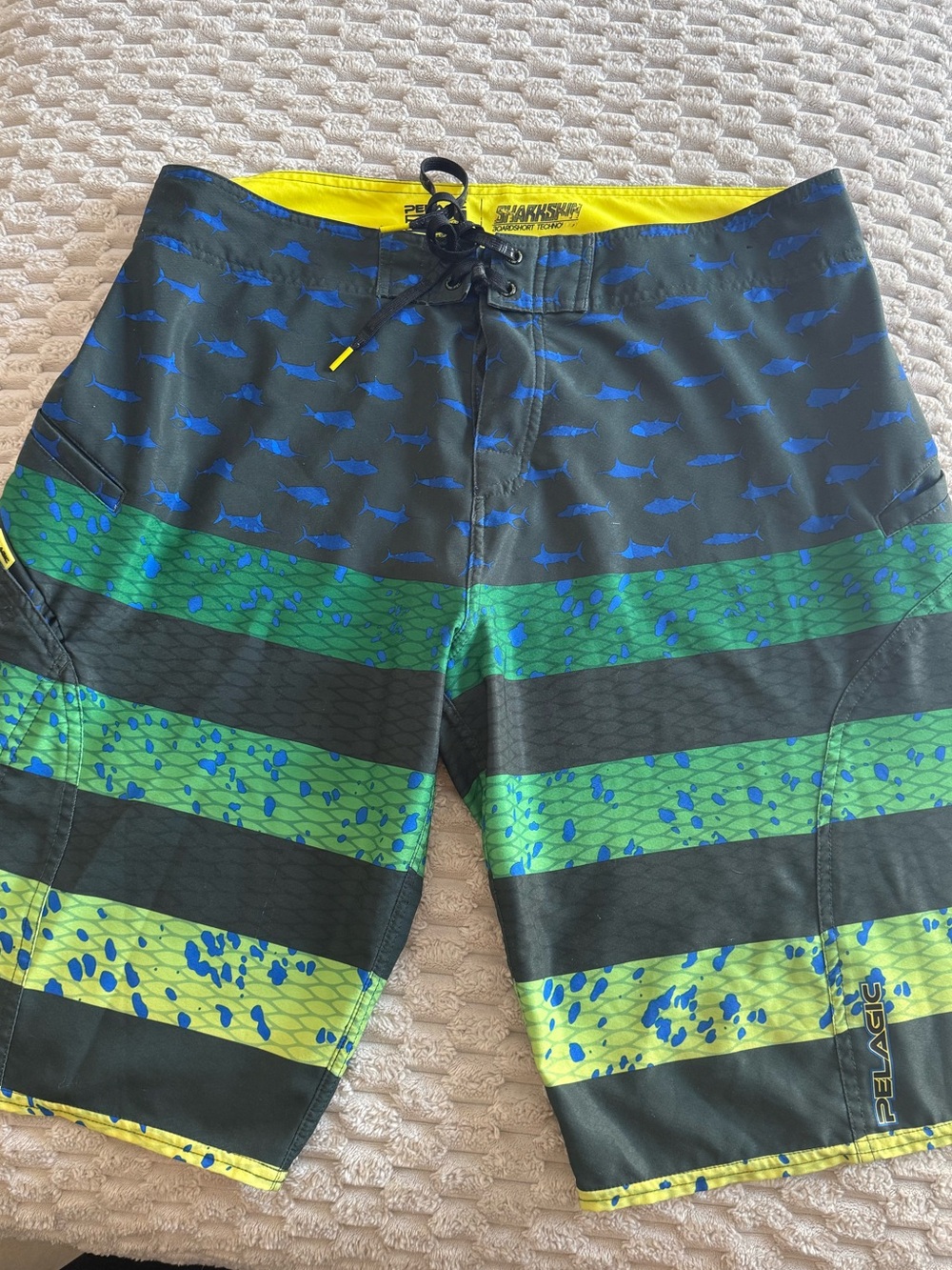 Pelagic Black, Green & Blue Striped Men’s Board Shorts